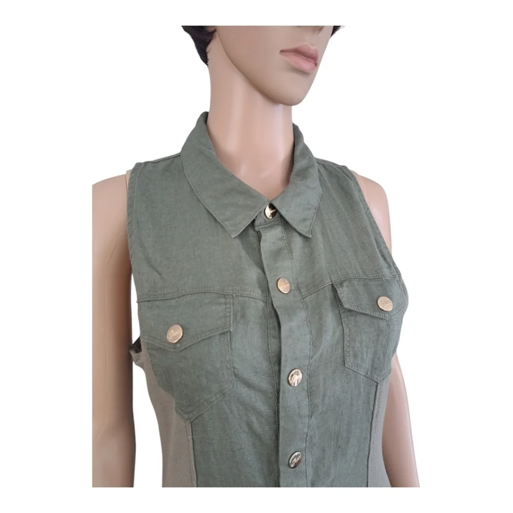 GUESS linen khaki sleeveless mini dress snap closure tunic - Picture 3 of 13